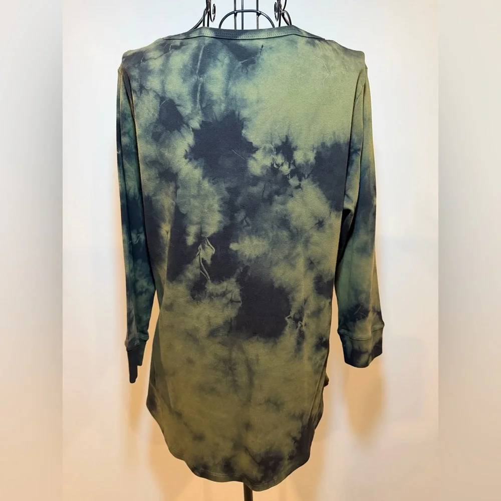 Tie-Dye V-Neck‎ Long Sleeve Tunic - Olive Green